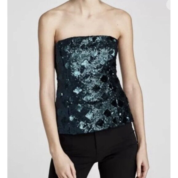 Zara Sequin Strapless Crop Top Bustier Small Emerald Green Holiday Party NYE - Picture 2 of 8